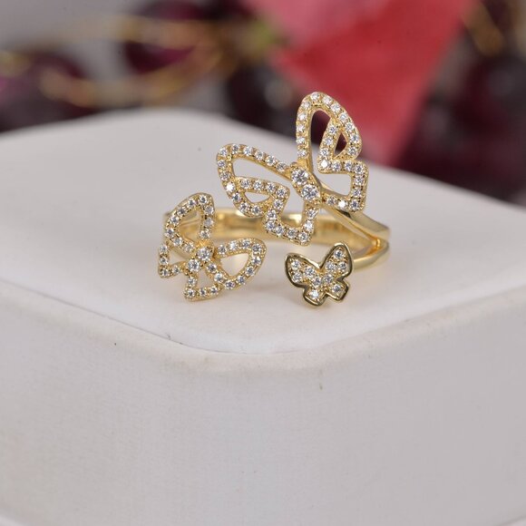 Certified Fully Iced Moissanite Butterfly Ring 925 Sterling YG - Picture 1 of 7